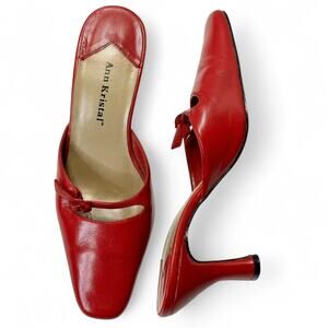 Ann Kristal Red Leather Mules Heels 6M Buckle Vamp 2.5” Retro Y2K Block Heel